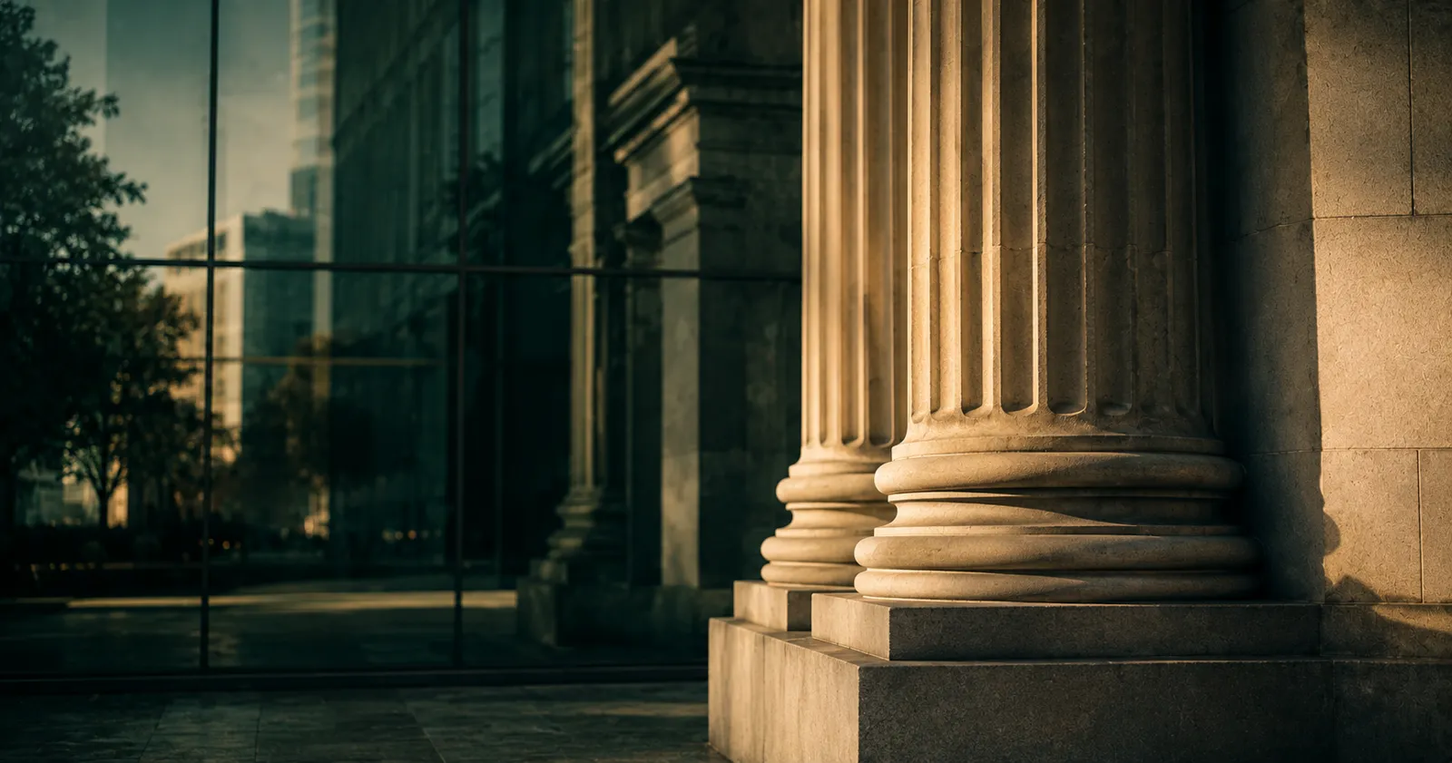 Classic bank building column beside a modern glass reflection