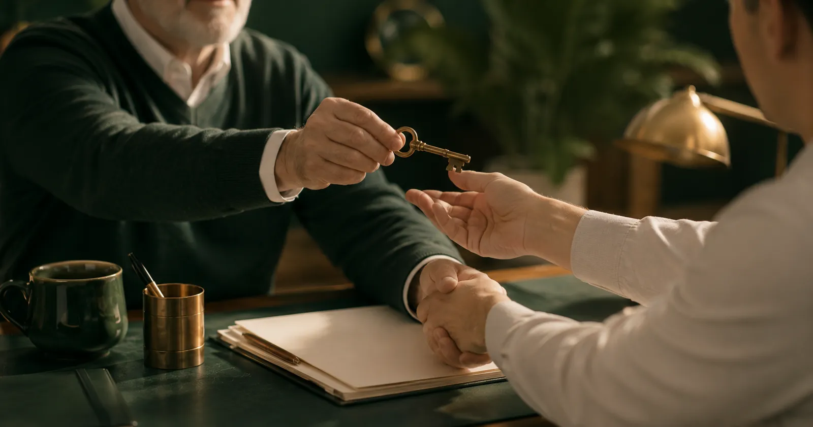 A key being passed across a desk during a handshake
