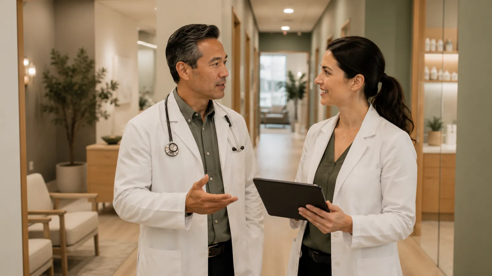 Physician and pharmacist in conversation in a modern medical clinic