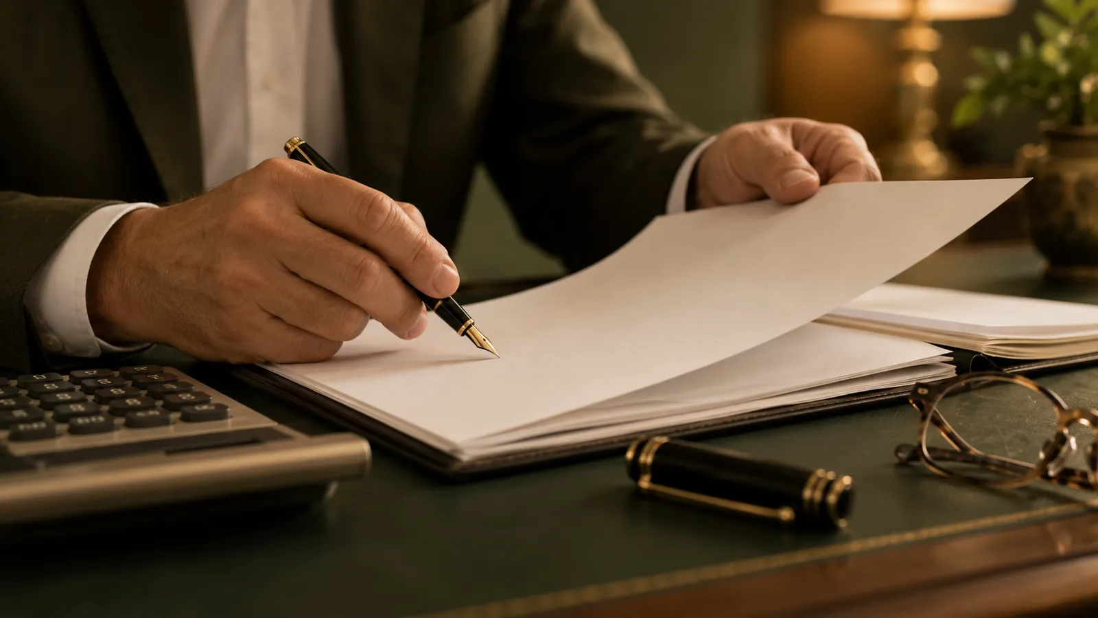 Hands reviewing valuation documents beside a calculator on a green leather desk