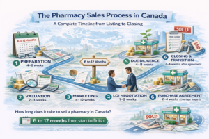 1. how long does it take to sell a pharmacy in Canada 2. pharmacy sale process from listing to closing 3. steps to sell a pharmacy in Ontario 4. pharmacy sales timeline BC Alberta 5. what to expect when selling your pharmacy 6. pharmacy confidential sale process 7. pharmacy LOI to closing timeline 8. pharmacy sale due diligence checklist Canada