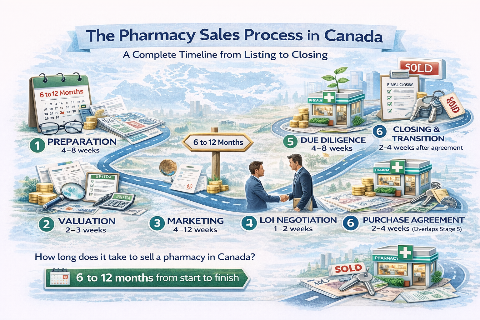 1. how long does it take to sell a pharmacy in Canada 2. pharmacy sale process from listing to closing 3. steps to sell a pharmacy in Ontario 4. pharmacy sales timeline BC Alberta 5. what to expect when selling your pharmacy 6. pharmacy confidential sale process 7. pharmacy LOI to closing timeline 8. pharmacy sale due diligence checklist Canada